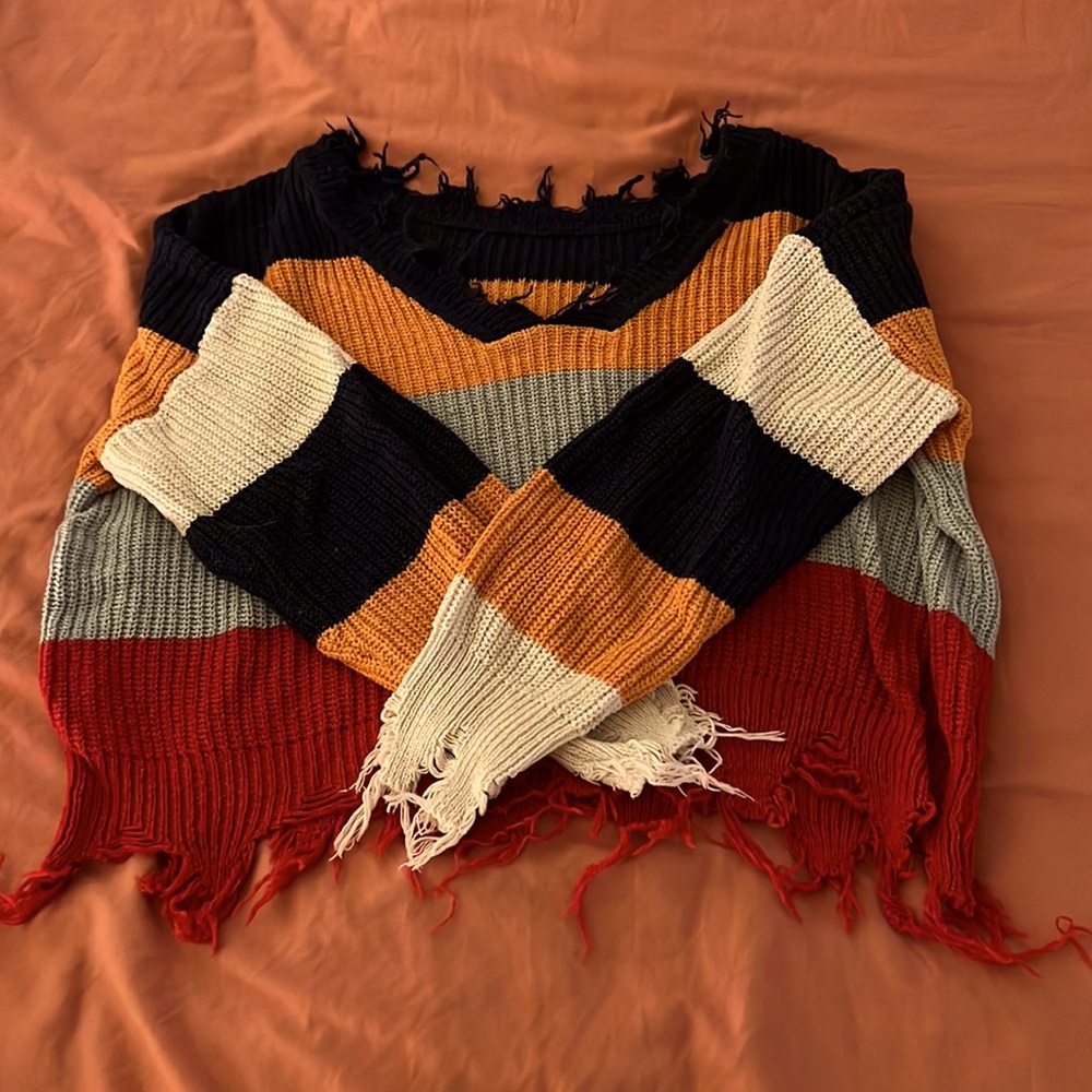 Multicolor Distressed Crop Sweater